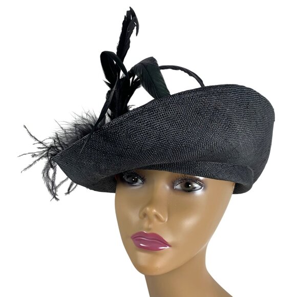 VTG Mr Charles Black Straw Hat w/ Elegant Feather Accent Satin Band Fancy Derby - Picture 2 of 6